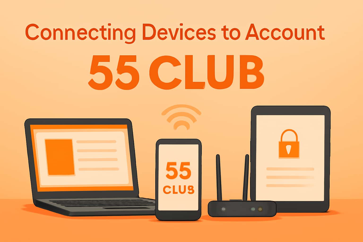 An informational scene featuring connection icons and a secure login interface for 55 Club.