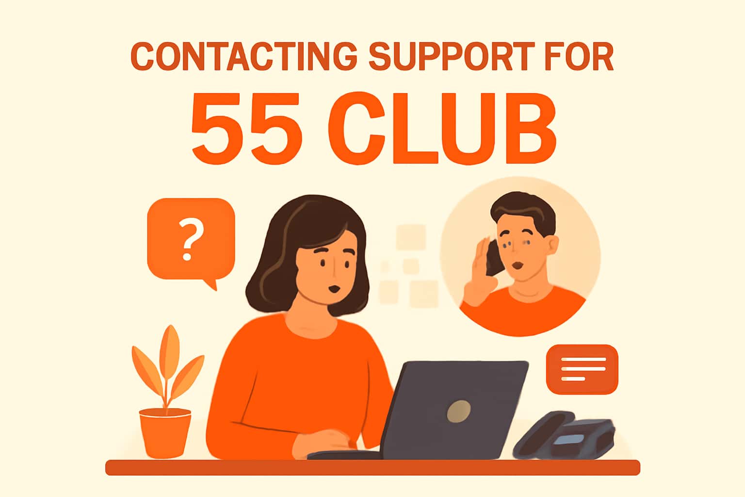 An informational scene about contacting support related to 55 Club.