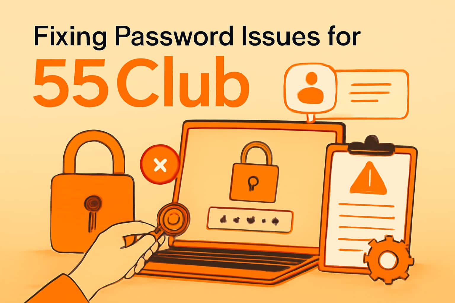 A professional setting depicting the process of fixing password issues for 55 Club, with clear text.