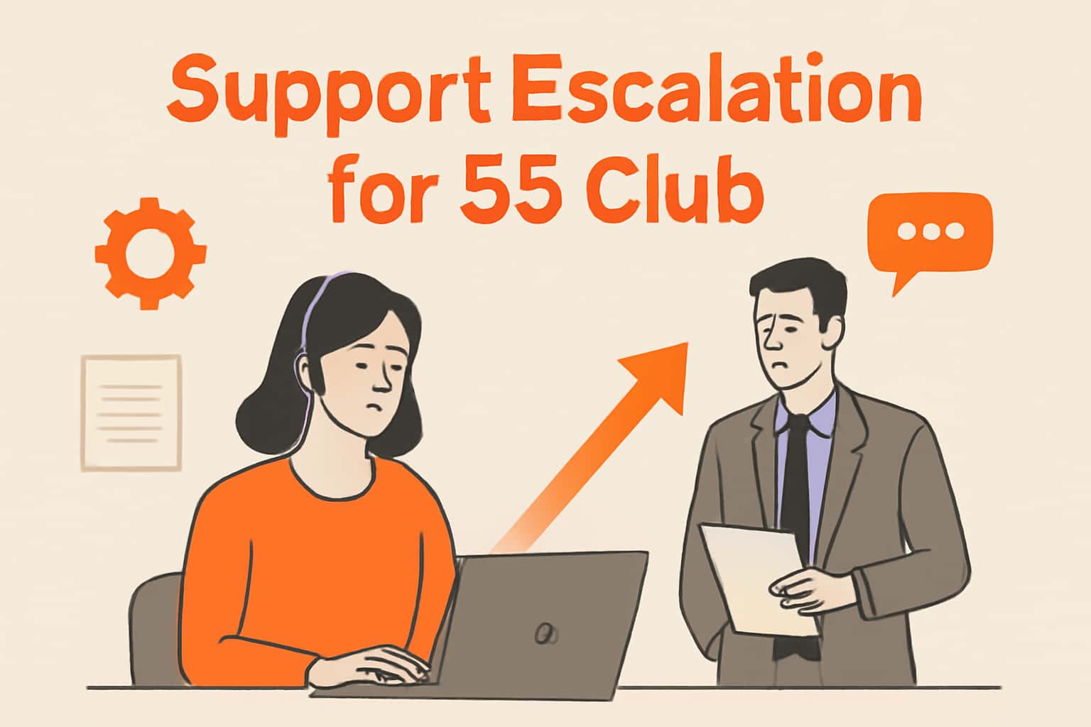 Informational scene showcasing the support escalation process for 55 Club.