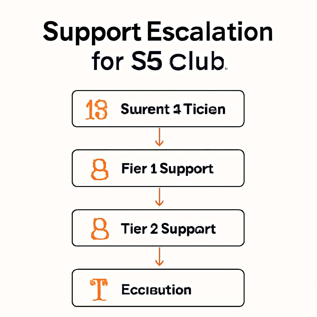 Diagram illustrating the support escalation workflow for 55 Club.